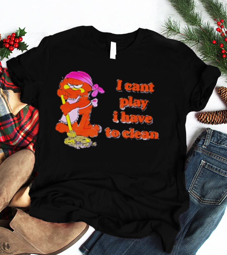 Garfield I Can't Play I Have To Clean Comic Image With Mop And Bandana T-Shirt