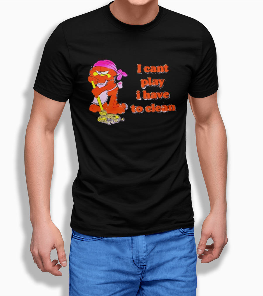 Garfield I Can't Play I Have To Clean Comic Image With Mop And Bandana T-Shirt