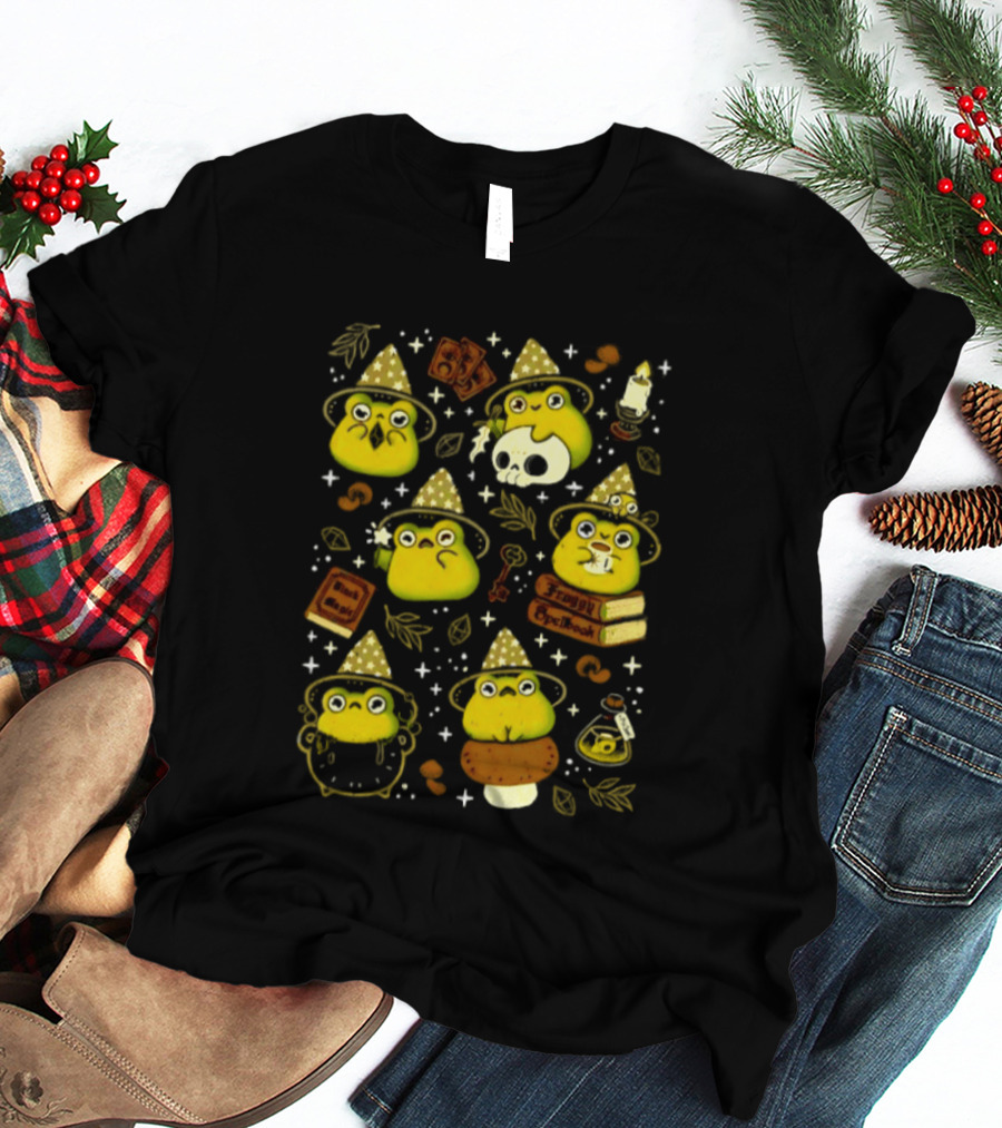 Witchy Froggy Spellbook Black Magic Poison Wizard Hat Mushrooms Potion Bottles T-Shirt