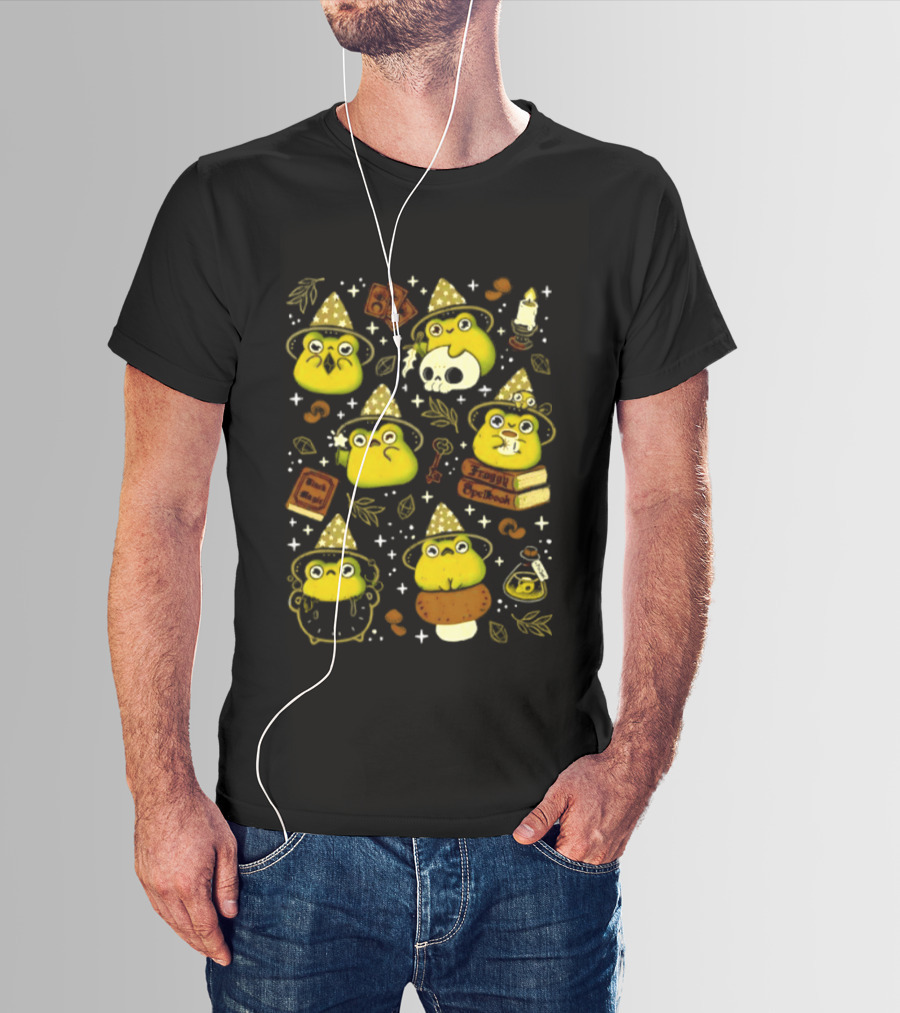 Witchy Froggy Spellbook Black Magic Poison Wizard Hat Mushrooms Potion Bottles T-Shirt