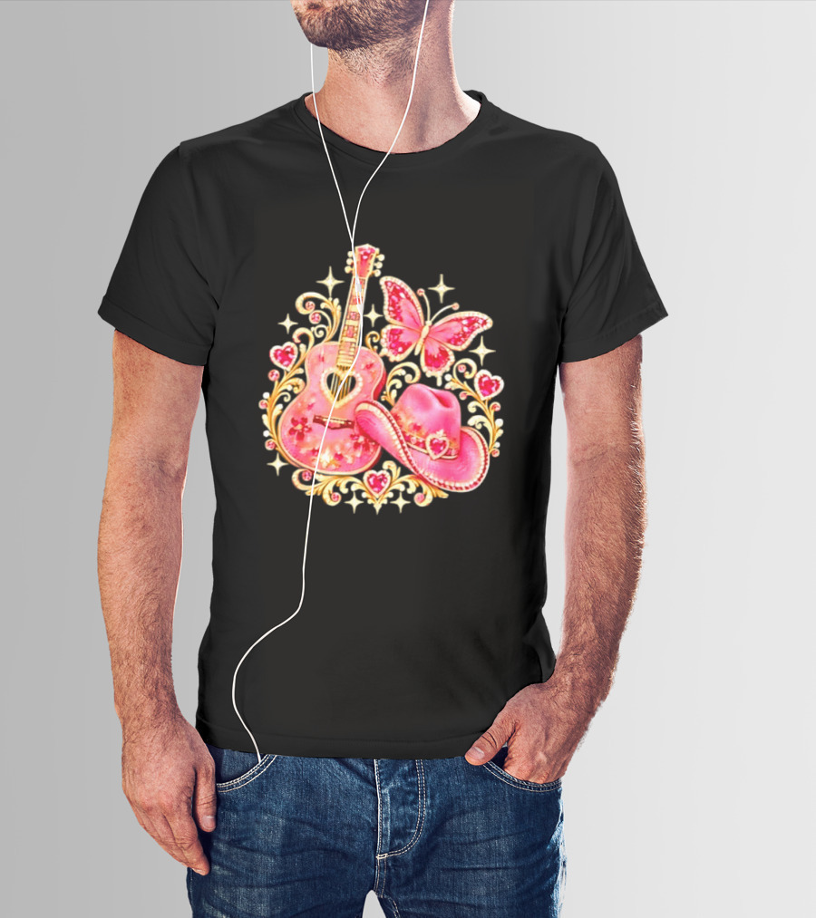 Pink Rhinestone Guitar Cowboy Hat Butterfly Hearts Sparkles T-Shirt