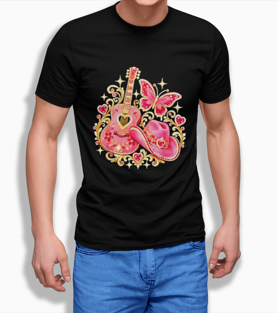 Pink Rhinestone Guitar Cowboy Hat Butterfly Hearts Sparkles T-Shirt