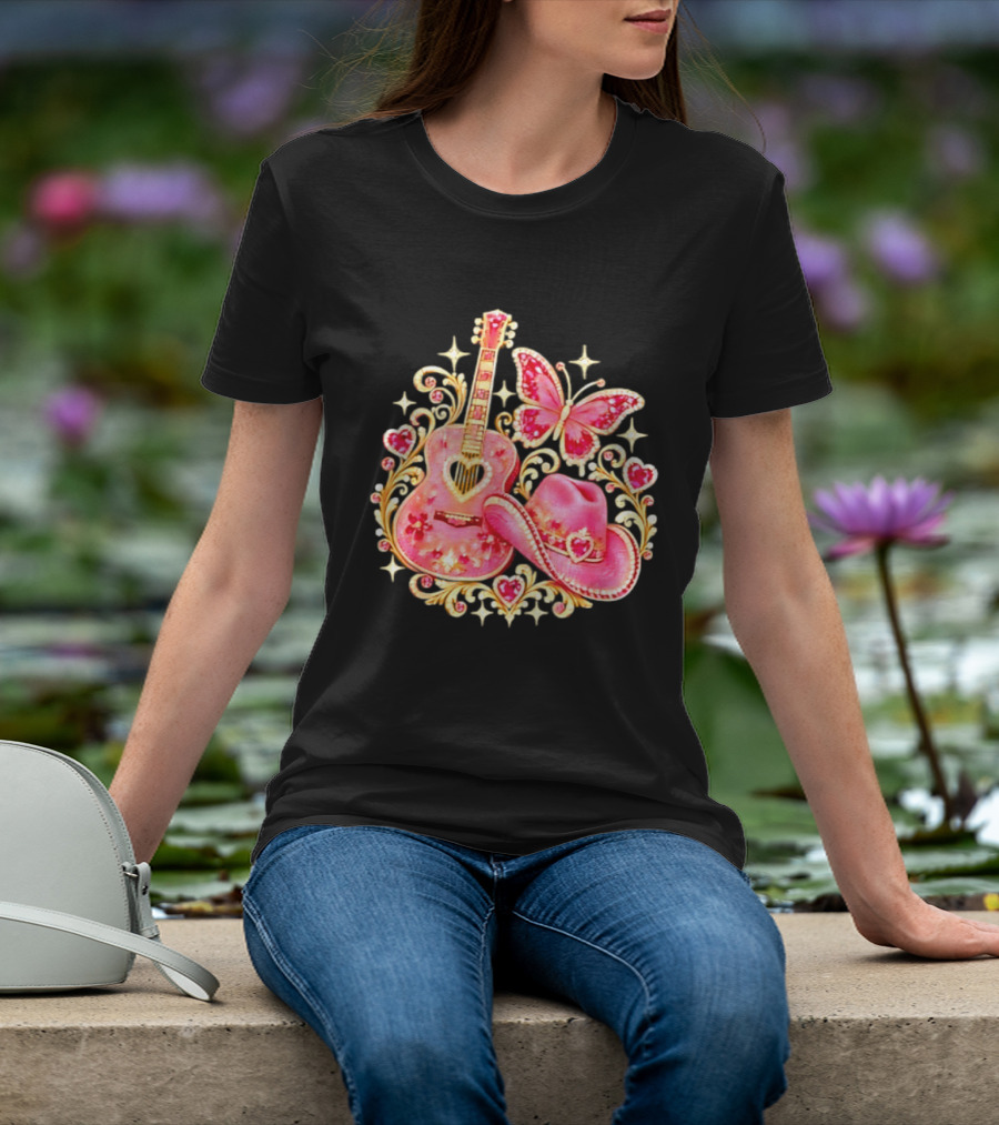 Pink Rhinestone Guitar Cowboy Hat Butterfly Hearts Sparkles T-Shirt