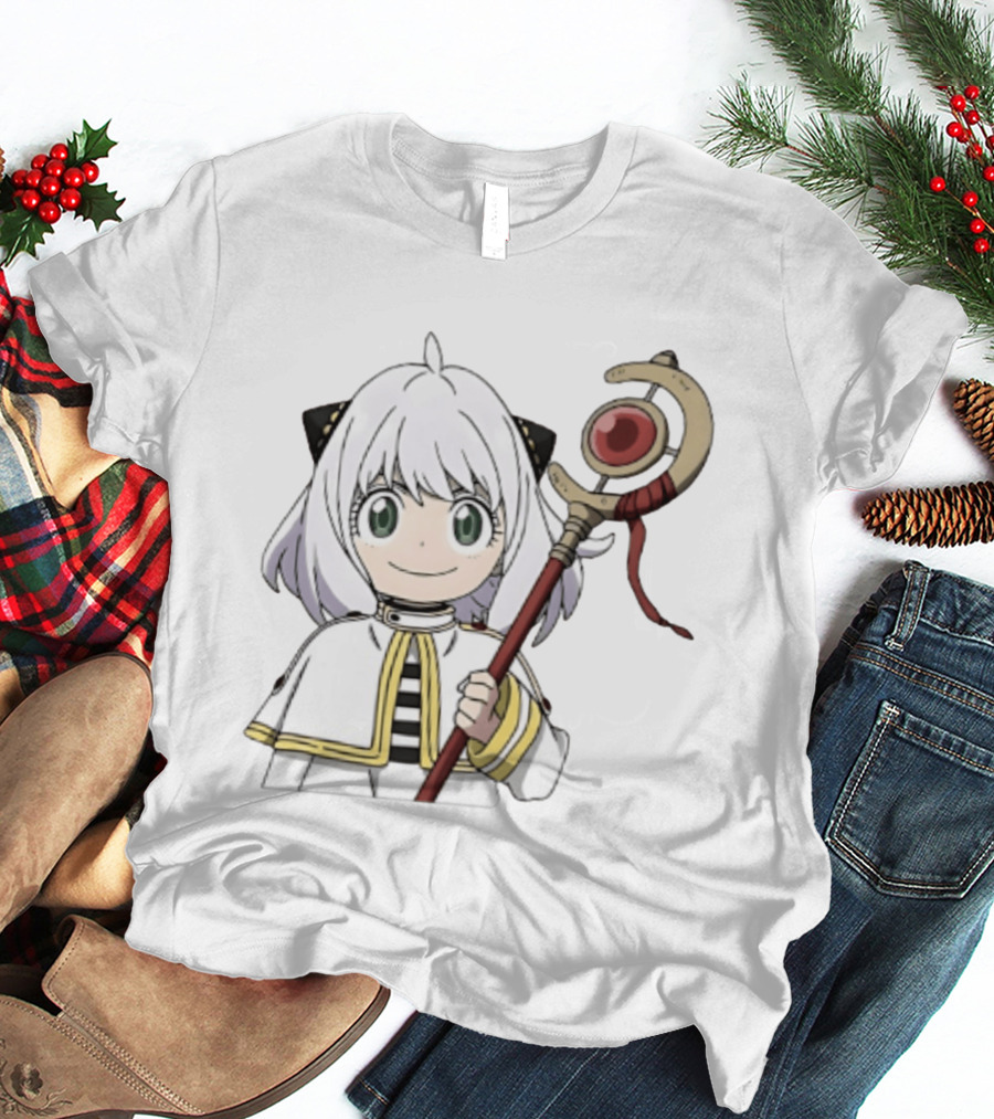 Anya Forger Frieren Crossover Anime Character With Magical Staff T-Shirt