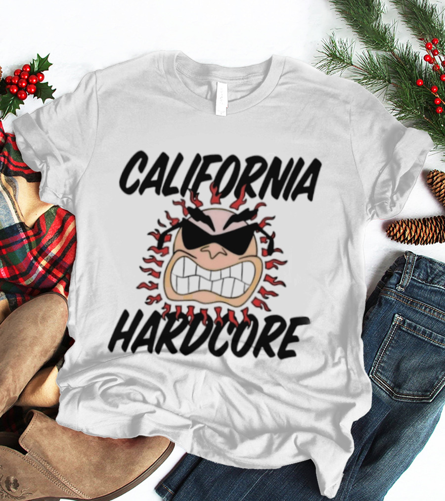 California Hardcore Sun With Sunglasses And Fierce Flames T-Shirt