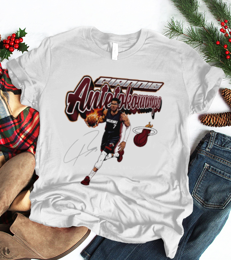 Giannis Antetokounmpo Miami Heat Basketball Cursive Script T-Shirt