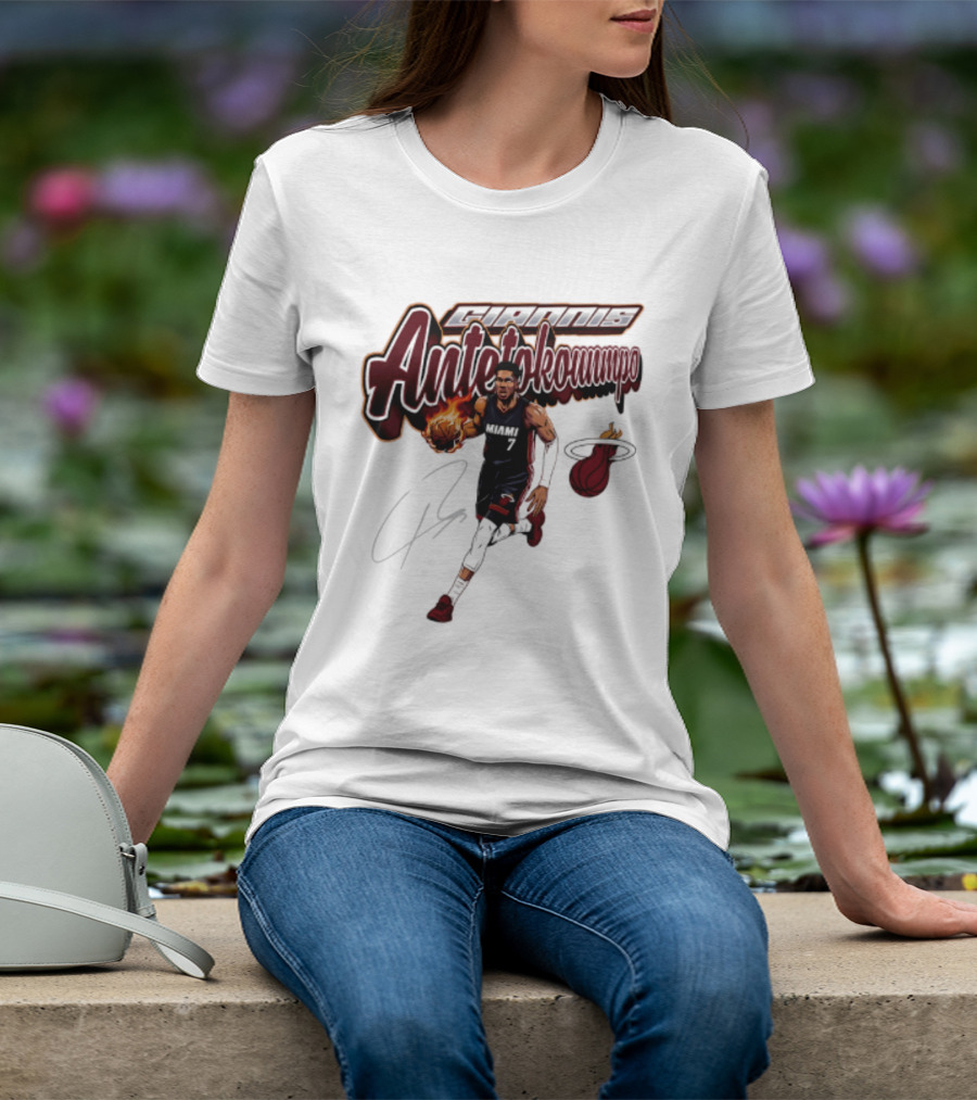 Giannis Antetokounmpo Miami Heat Basketball Cursive Script T-Shirt
