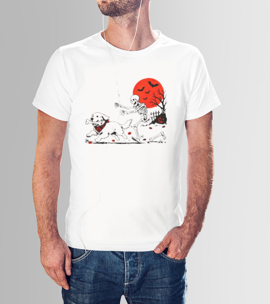 Golden Retriever And Skeleton Chase Under Red Moon With Bats And Pumpkin T-Shirt