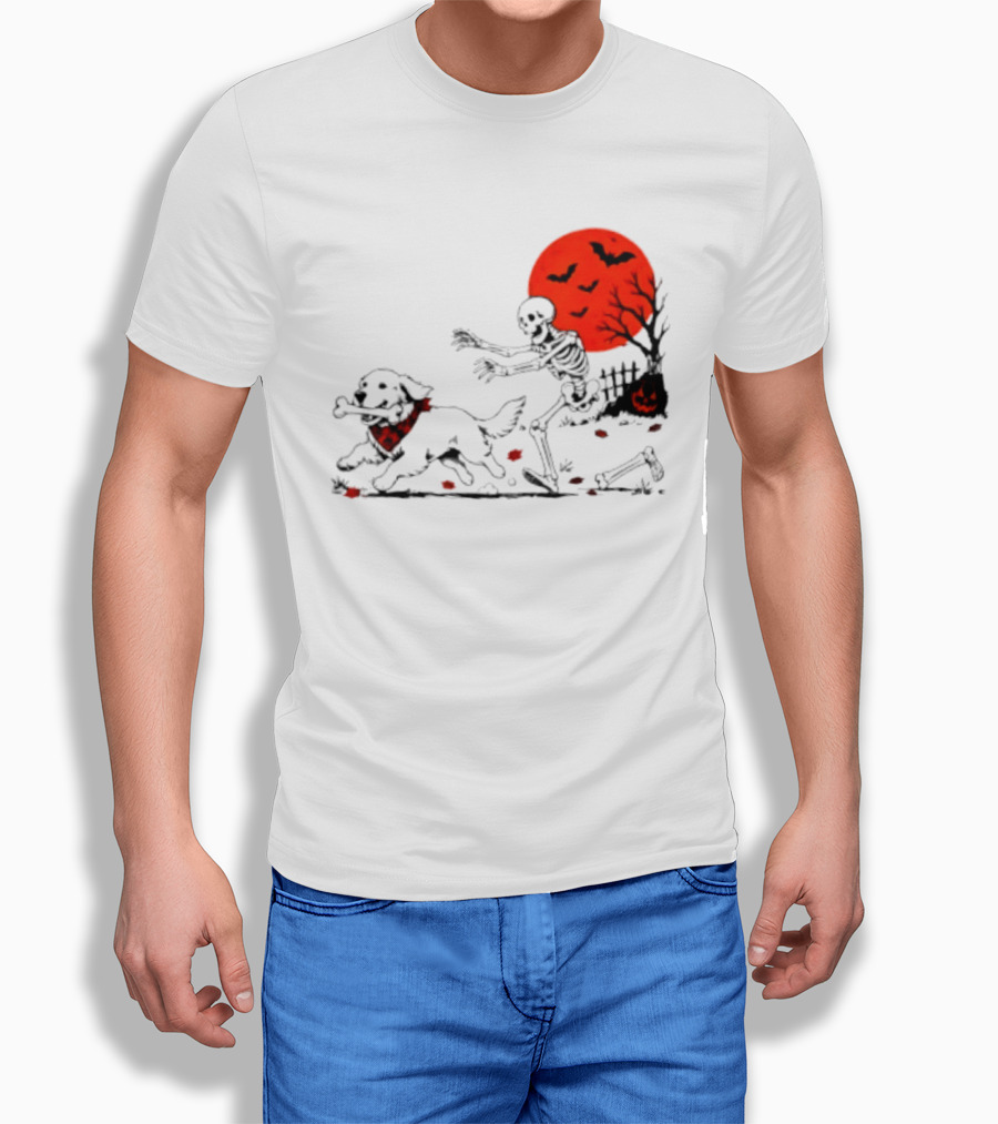 Golden Retriever And Skeleton Chase Under Red Moon With Bats And Pumpkin T-Shirt