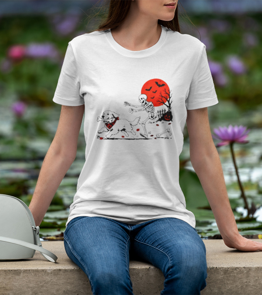 Golden Retriever And Skeleton Chase Under Red Moon With Bats And Pumpkin T-Shirt