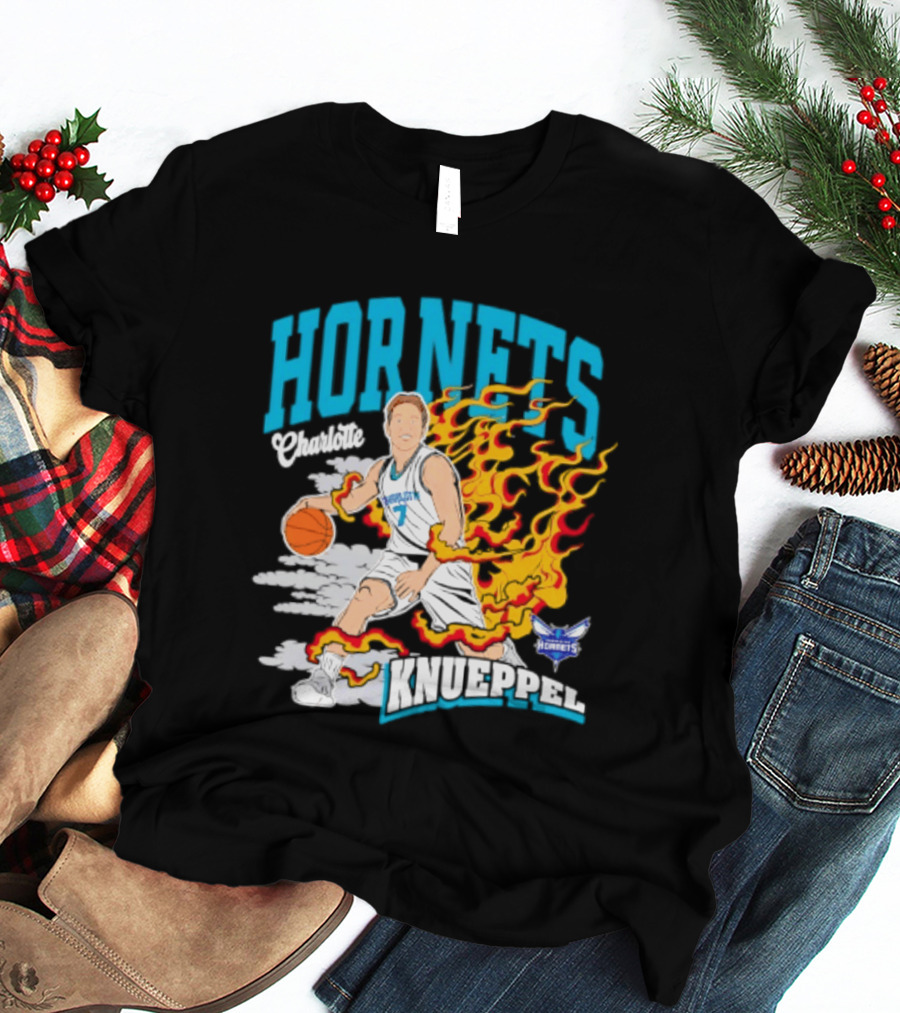 Charlotte Hornets Kon Knueppel Basketball With Flames Motif T-Shirt