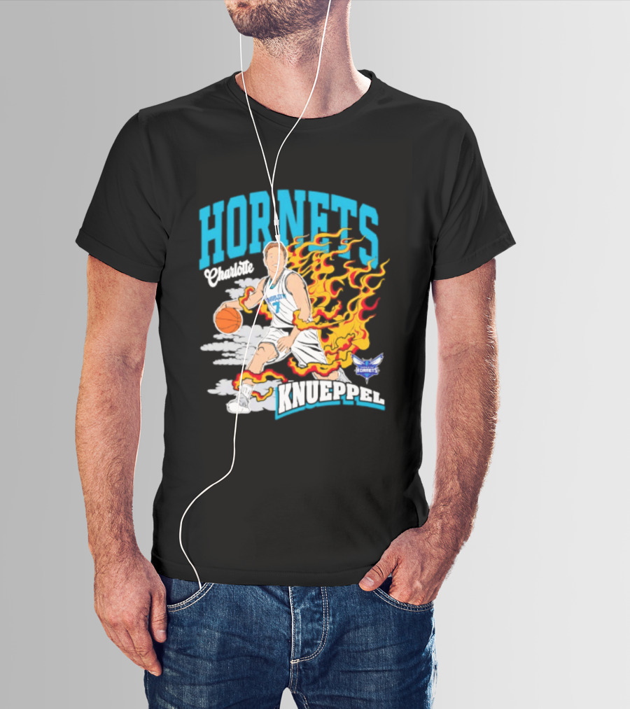 Charlotte Hornets Kon Knueppel Basketball With Flames Motif T-Shirt