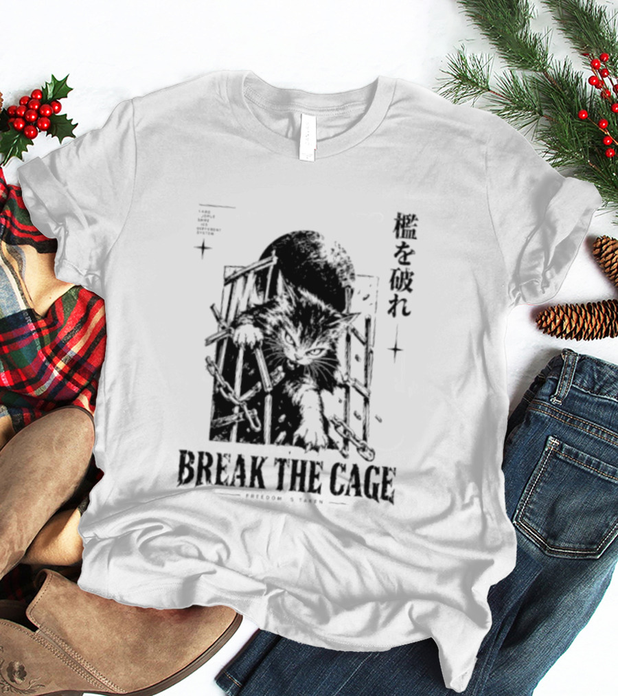 Break The Cage Freedom Is Taken Cat Kanji T-Shirt