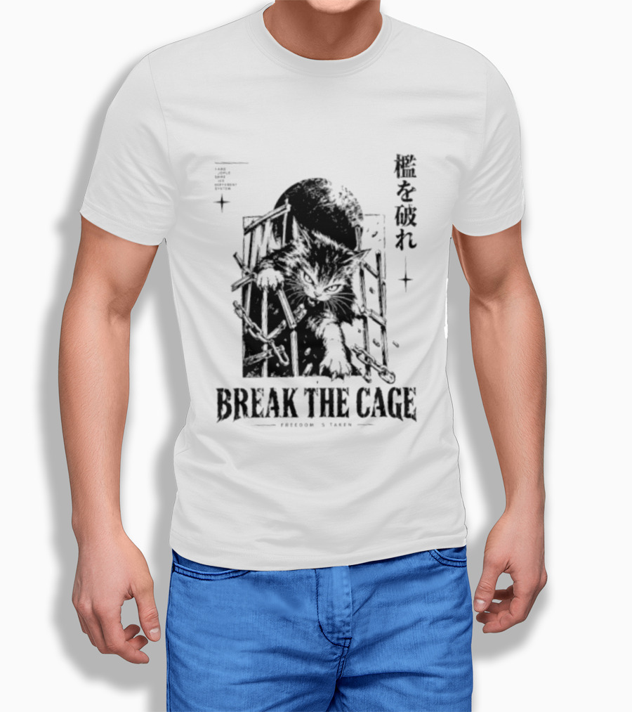Break The Cage Freedom Is Taken Cat Kanji T-Shirt