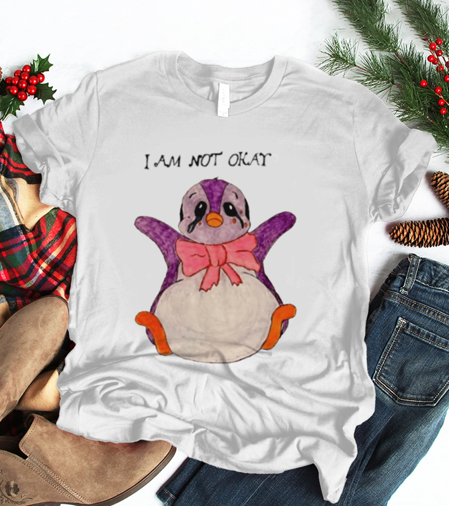 I Am Not Okay Crying Penguin Aesthetic Bow Tearful Purple Orange T-Shirt