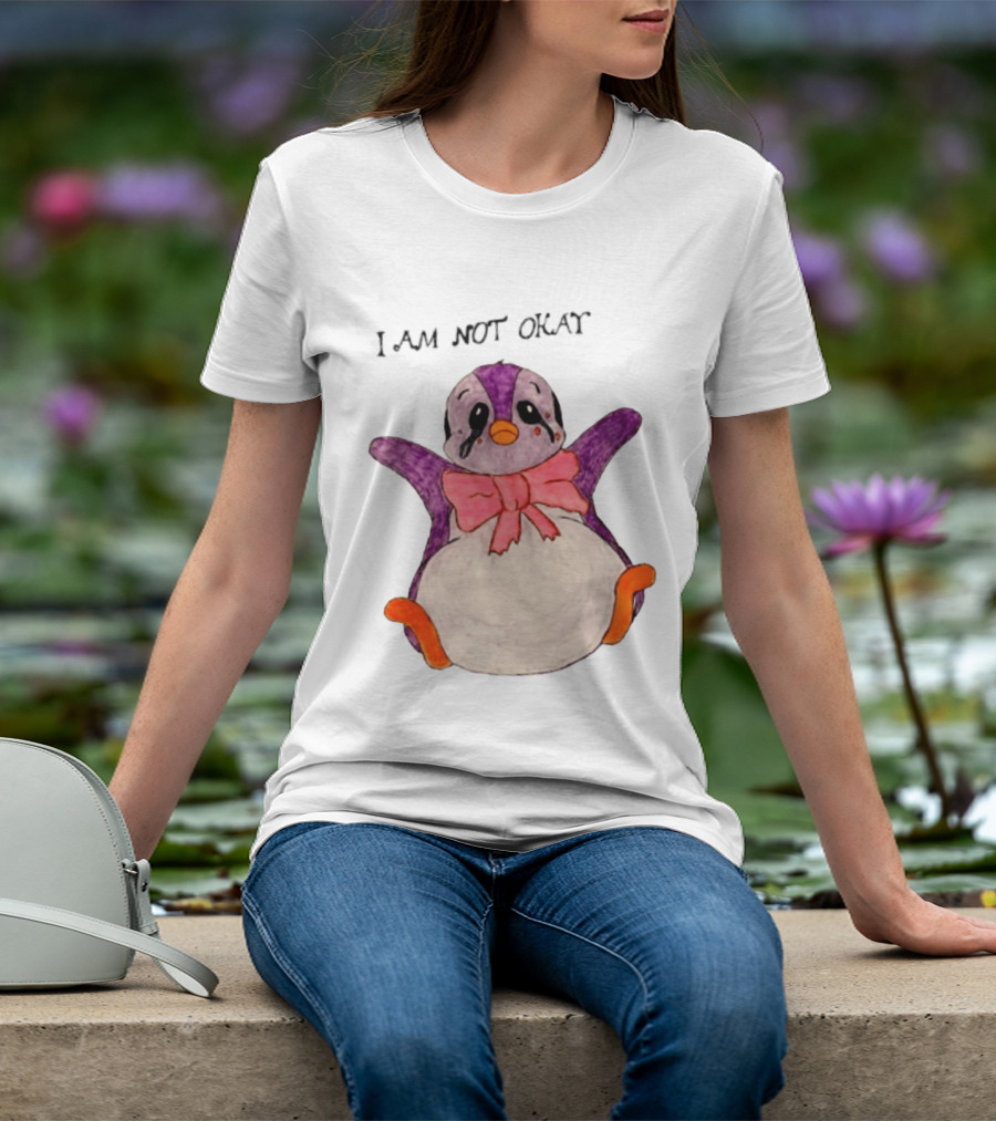 I Am Not Okay Crying Penguin Aesthetic Bow Tearful Purple Orange T-Shirt