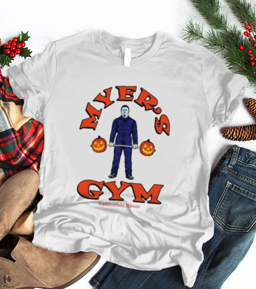 Myers's Gym Haddonfield Illinois Michael Myers Jack O' Lantern Weightlifting Halloween T-Shirt
