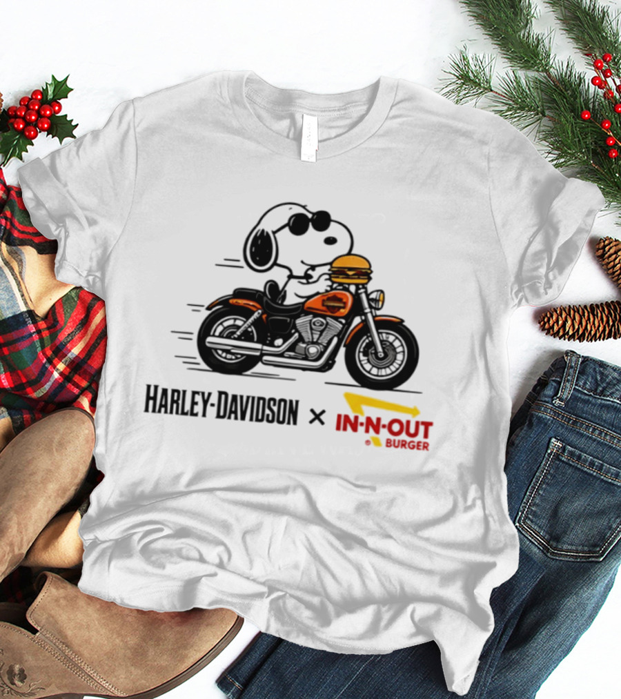Snoopy Riding Harley Davidson With In N Out Burger Collaboration T-Shirt