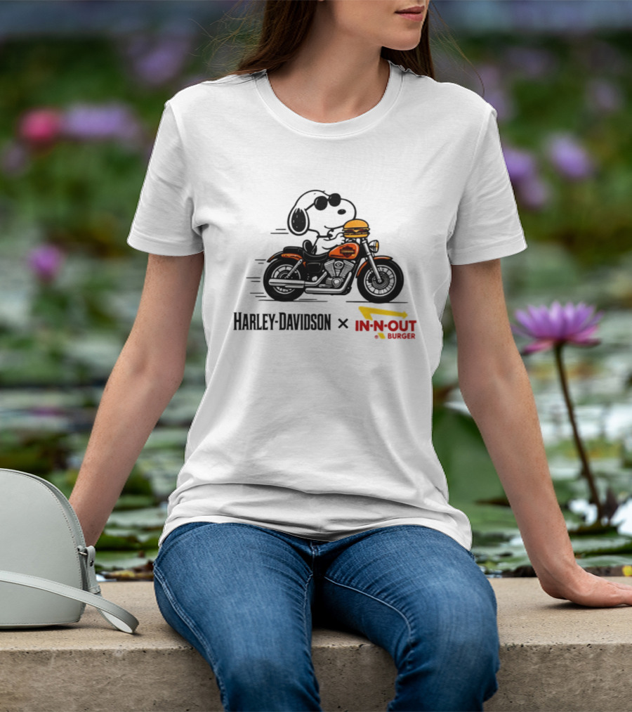 Snoopy Riding Harley Davidson With In N Out Burger Collaboration T-Shirt