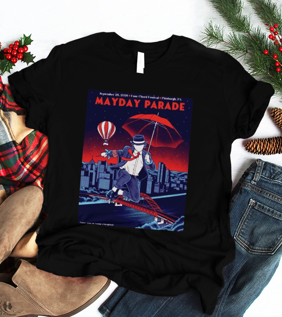 Mayday Parade September 26 2026 Four Chord Festival Pittsburgh PA Hot Air Balloon Umbrella Cityscape T-Shirt