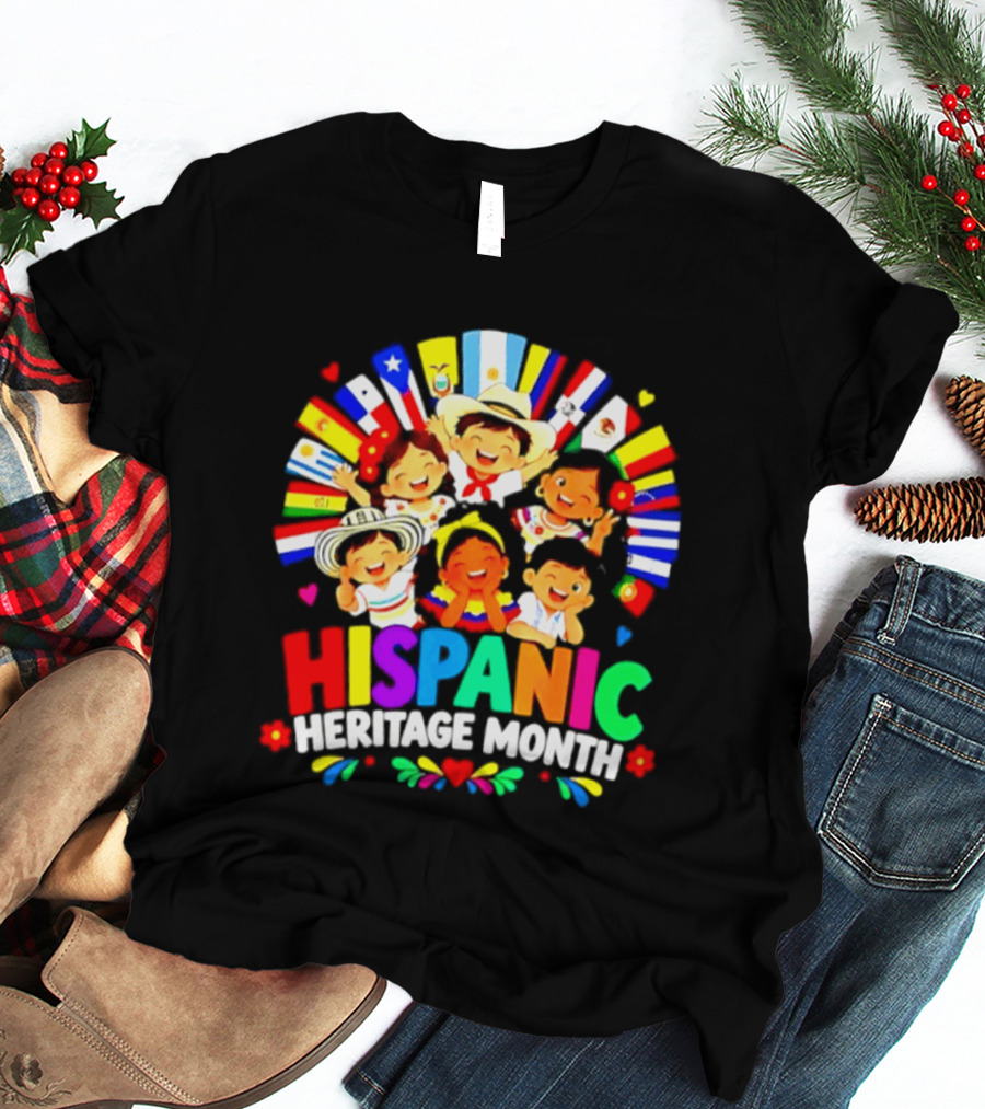 Hispanic Heritage Month Celebration With Latino Countries Flags And Happy Children T-Shirt
