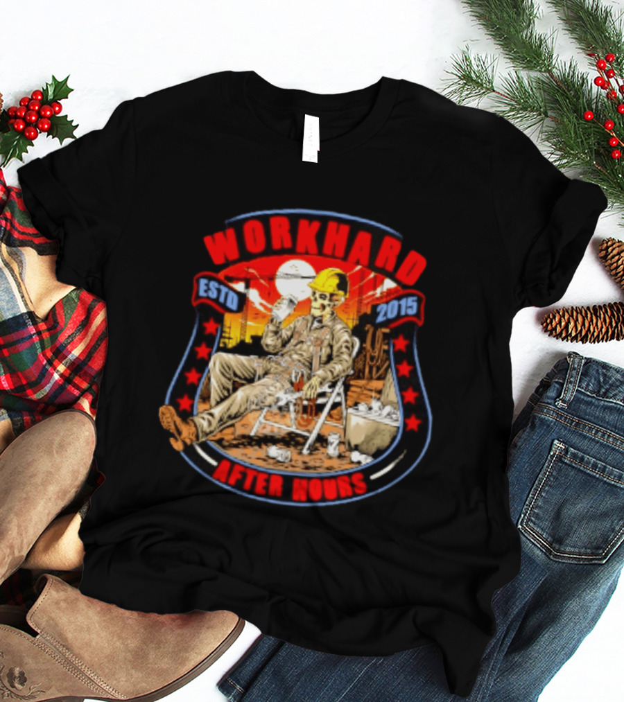 Work Hard After Hours Estd 2015 Skeleton Construction Worker Relaxing Moonlight Scene T-Shirt