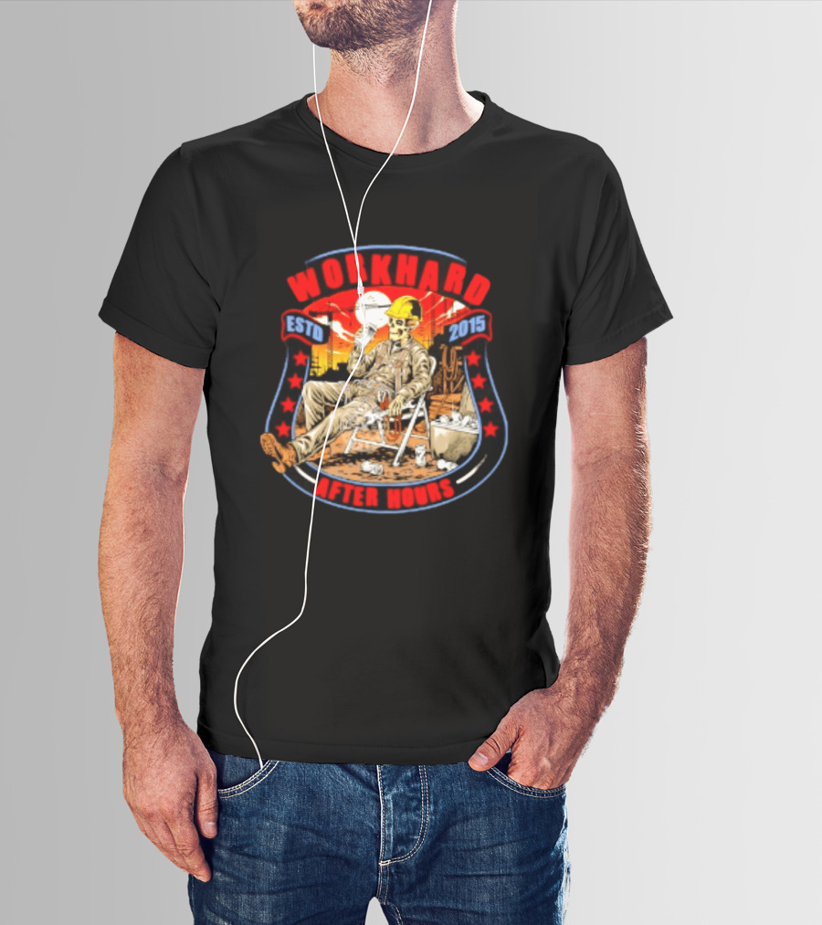 Work Hard After Hours Estd 2015 Skeleton Construction Worker Relaxing Moonlight Scene T-Shirt