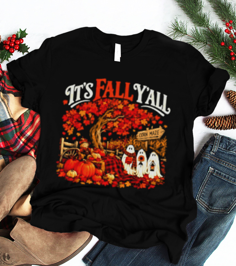 It's Fall Y'all Corn Maze Pumpkins Scarecrow Ghosts Halloween Tree T-Shirt