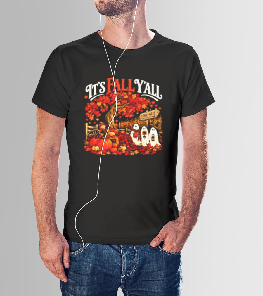 It's Fall Y'all Corn Maze Pumpkins Scarecrow Ghosts Halloween Tree T-Shirt