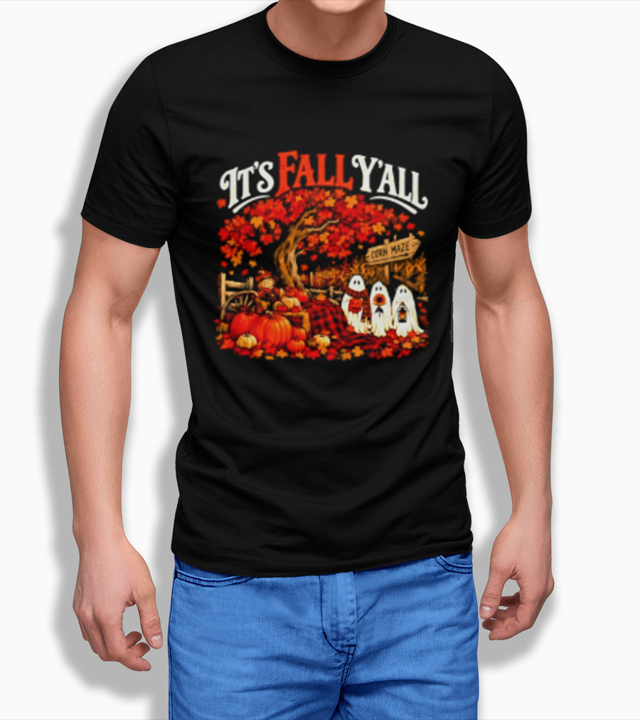It's Fall Y'all Corn Maze Pumpkins Scarecrow Ghosts Halloween Tree T-Shirt