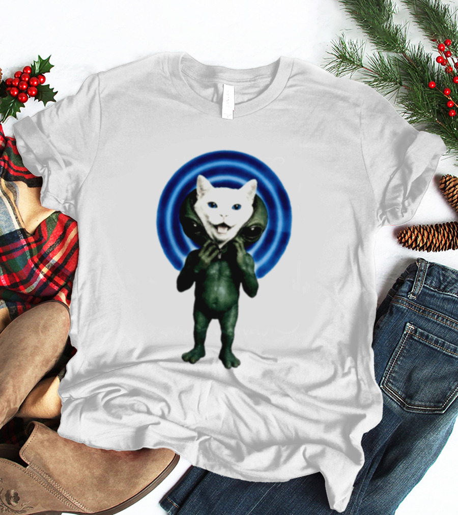 Cat Unzipping Alien Costume Sci Fi Whimsical Blue Ripple Effect T-Shirt