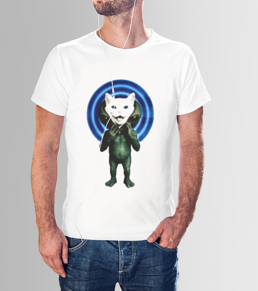 Cat Unzipping Alien Costume Sci Fi Whimsical Blue Ripple Effect T-Shirt