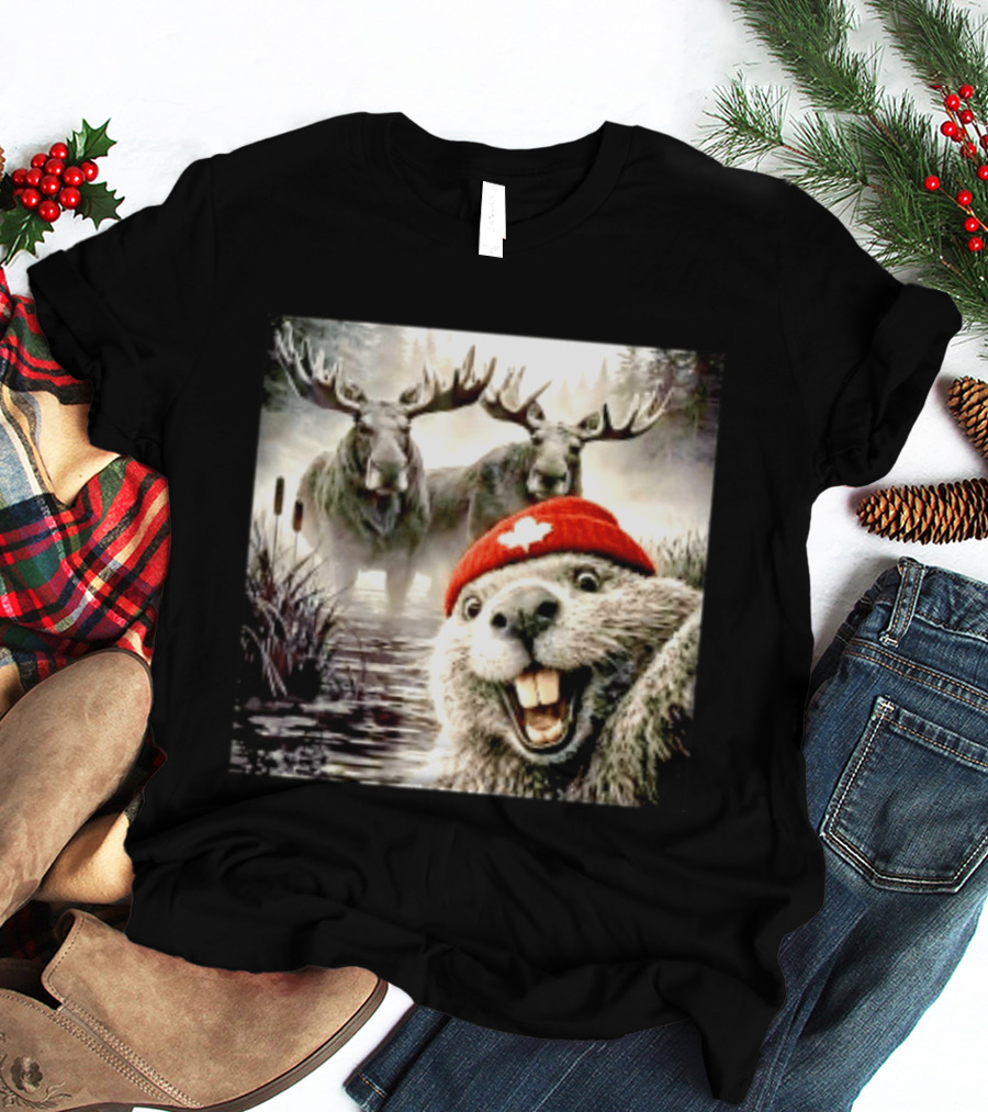 Beaver With Maple Leaf Beanie And Moose Forest Scene T-Shirt