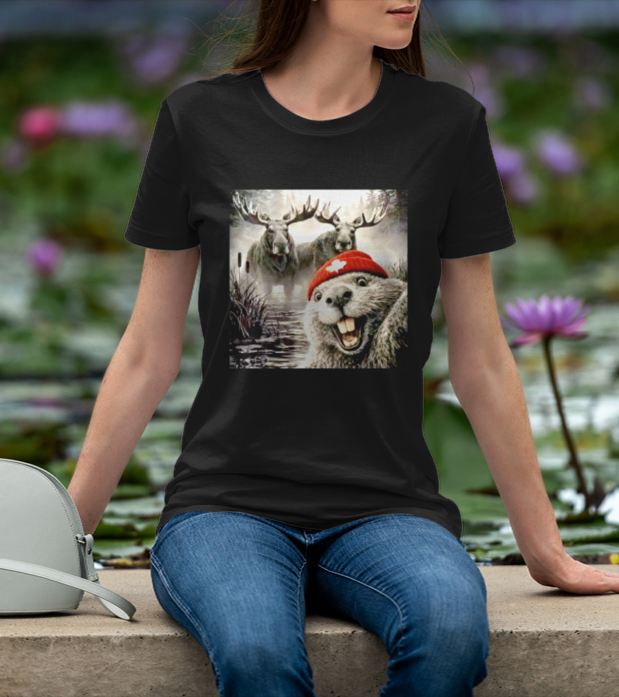 Beaver With Maple Leaf Beanie And Moose Forest Scene T-Shirt