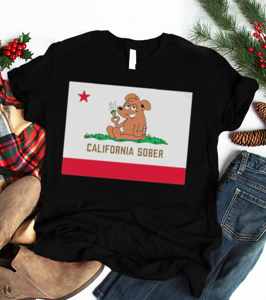 California Sober Bear With Joint And Drink State Flag T-Shirt