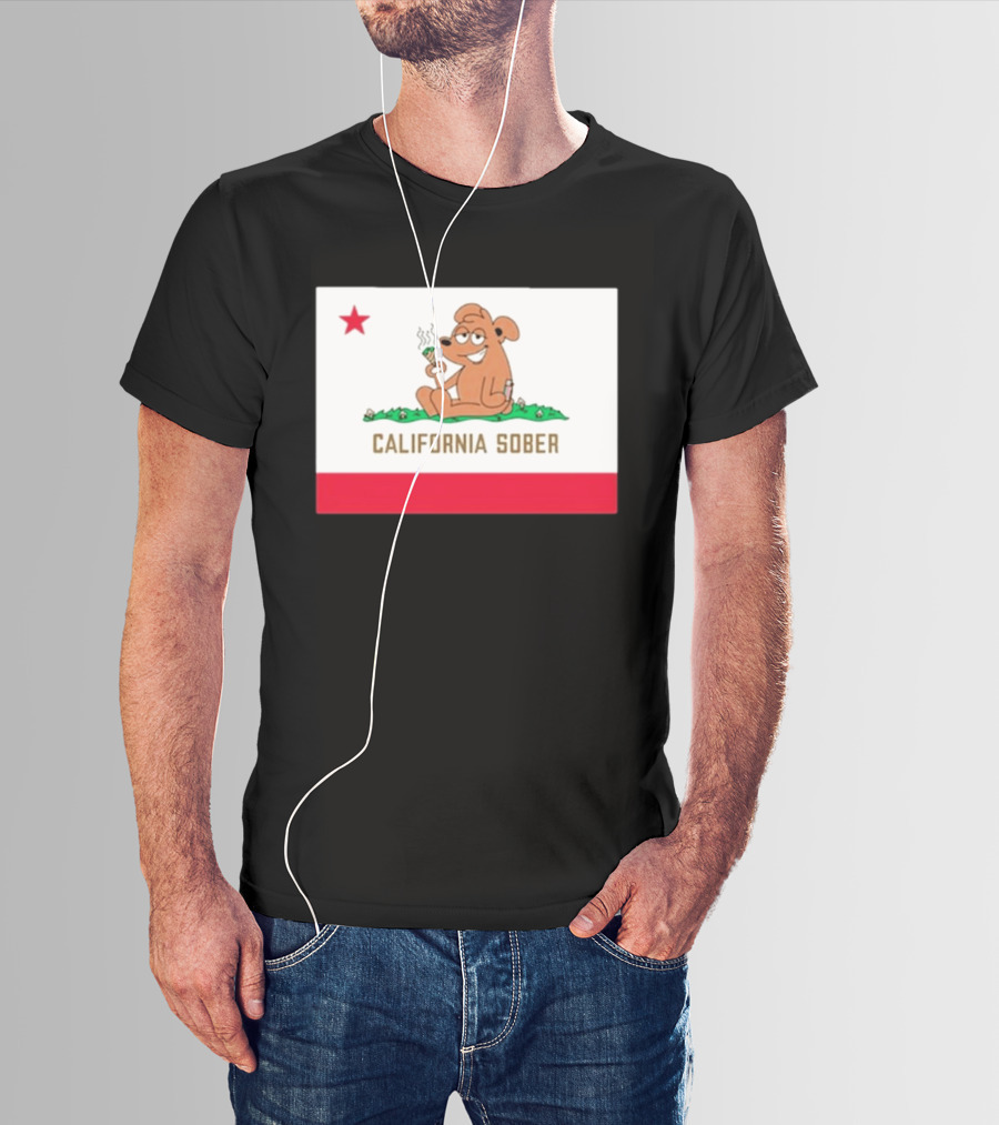 California Sober Bear With Joint And Drink State Flag T-Shirt