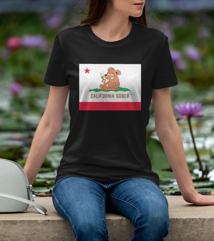 California Sober Bear With Joint And Drink State Flag T-Shirt