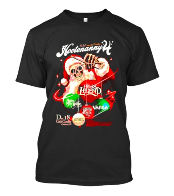 Holiday Hootenanny He Is Legend Skeleton Santa Cat's Cradle Carrboro NC Christmas T-Shirt