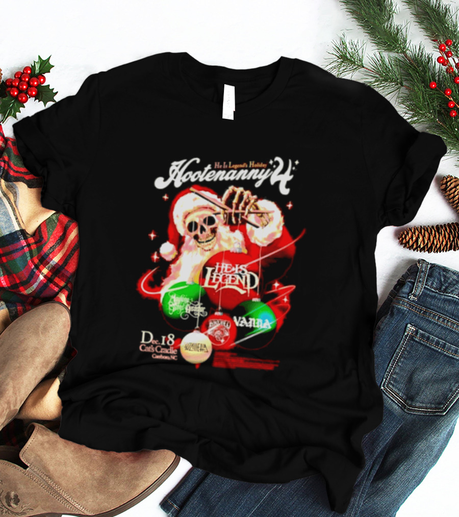 Holiday Hootenanny He Is Legend Skeleton Santa Cat's Cradle Carrboro NC Christmas T-Shirt