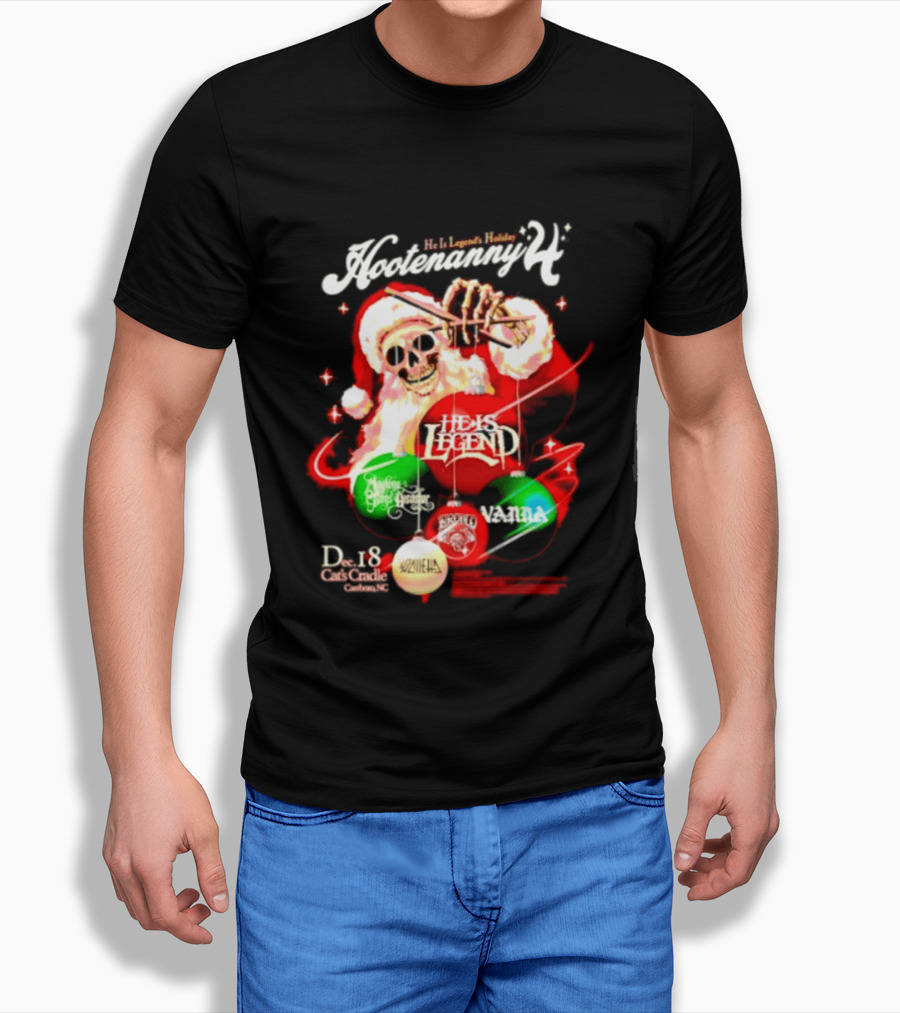Holiday Hootenanny He Is Legend Skeleton Santa Cat's Cradle Carrboro NC Christmas T-Shirt