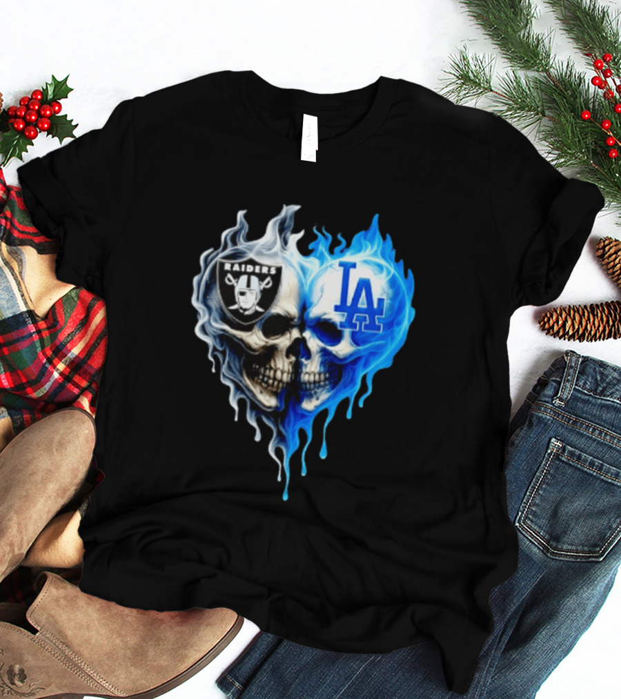 Las Vegas Raiders Los Angeles Dodgers Skulls Heart Blue Flames T-Shirt