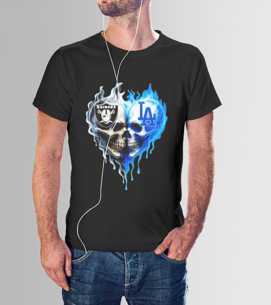 Las Vegas Raiders Los Angeles Dodgers Skulls Heart Blue Flames T-Shirt