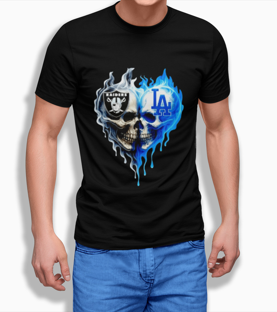 Las Vegas Raiders Los Angeles Dodgers Skulls Heart Blue Flames T-Shirt