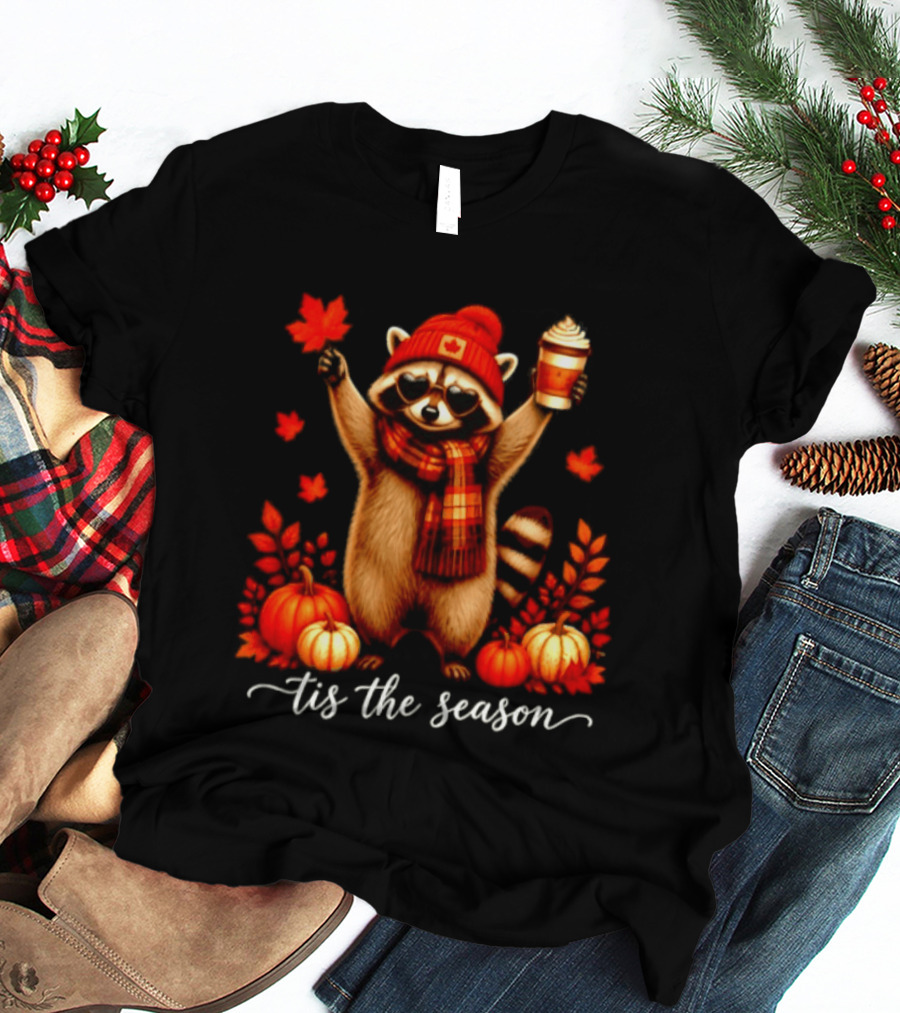 Raccoon In Scarf With Heart Sunglasses Autumn Leaves Pumpkins Tis The Season T-Shirt