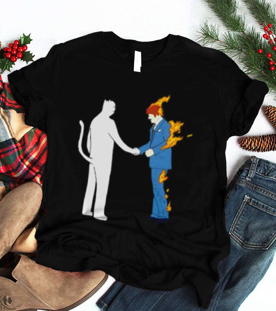 Rip N Dip Cat Handshake Burning Man Suit On Fire T-Shirt