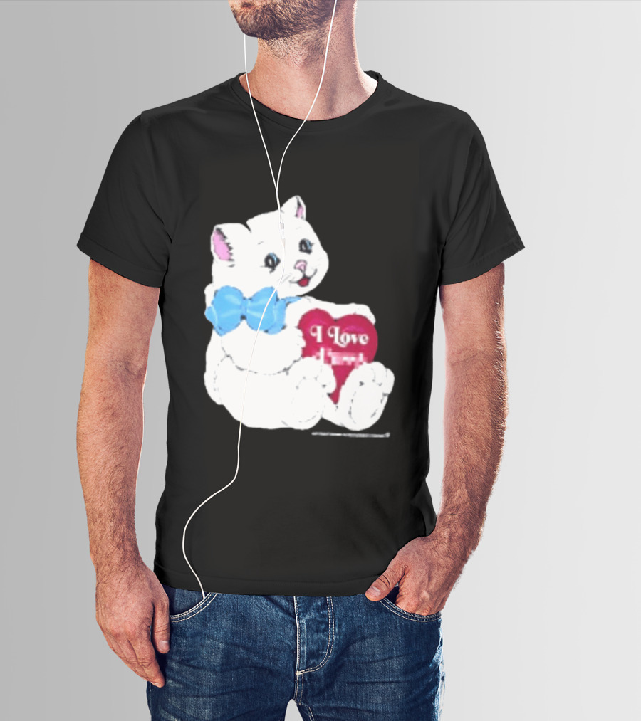 I Love Pussy Cats Heart Blue Bow Adorable White Kitten T-Shirt