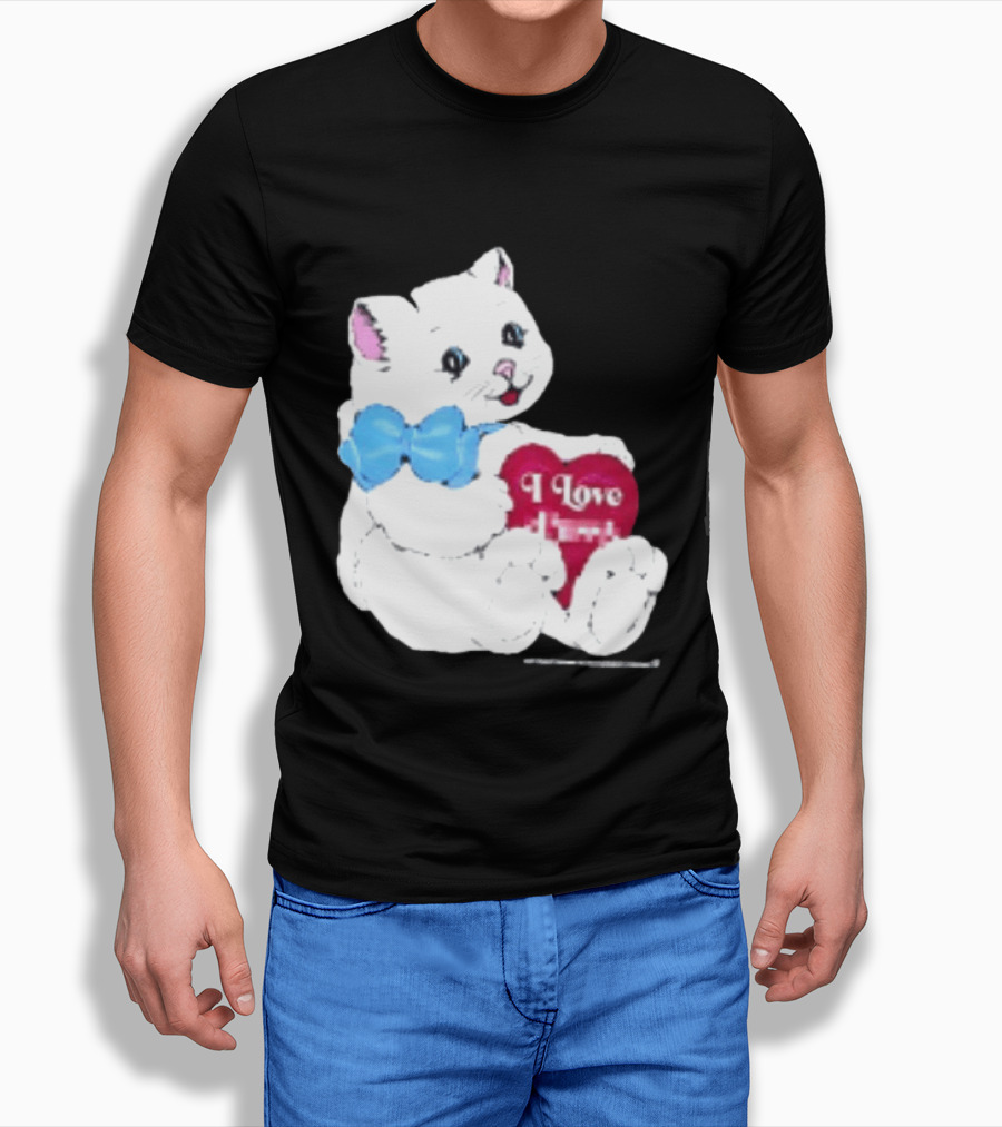 I Love Pussy Cats Heart Blue Bow Adorable White Kitten T-Shirt