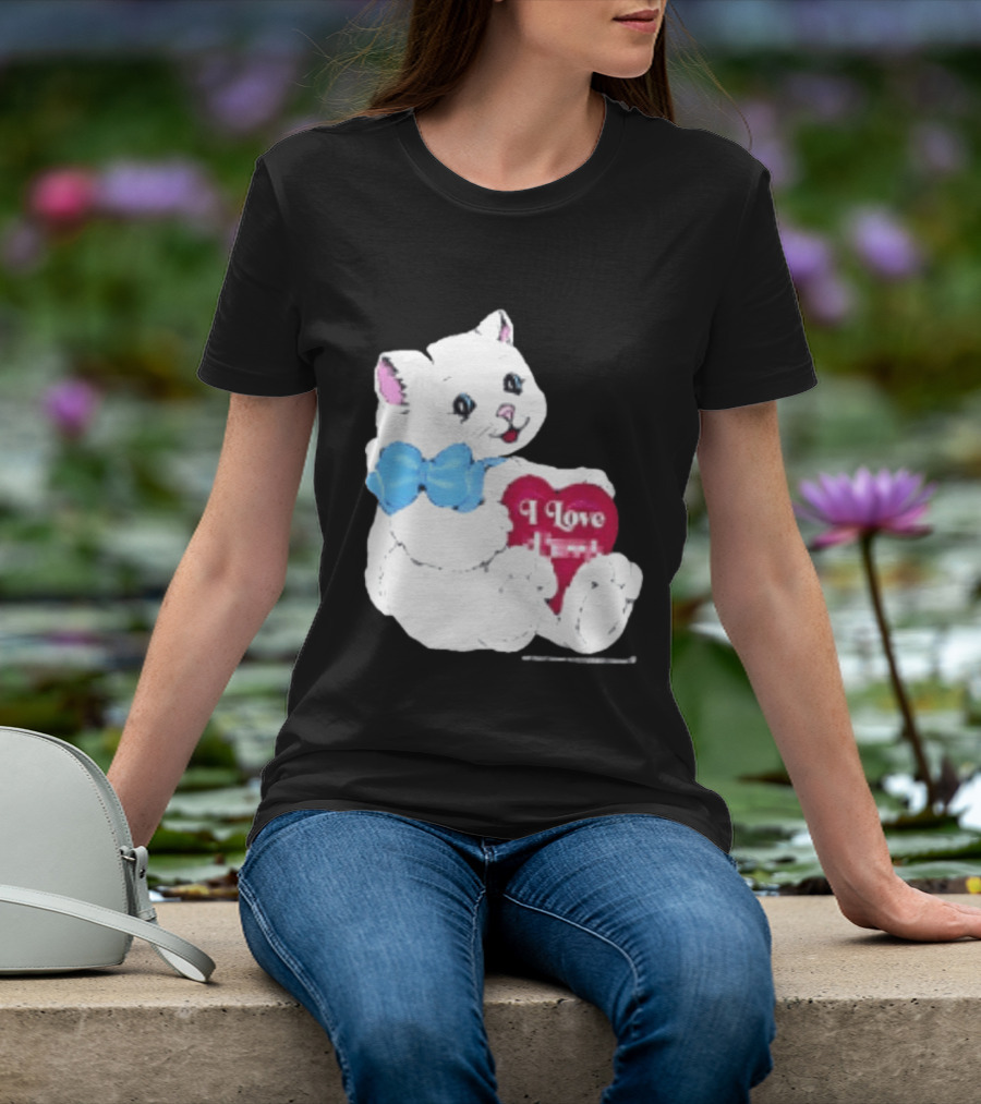 I Love Pussy Cats Heart Blue Bow Adorable White Kitten T-Shirt