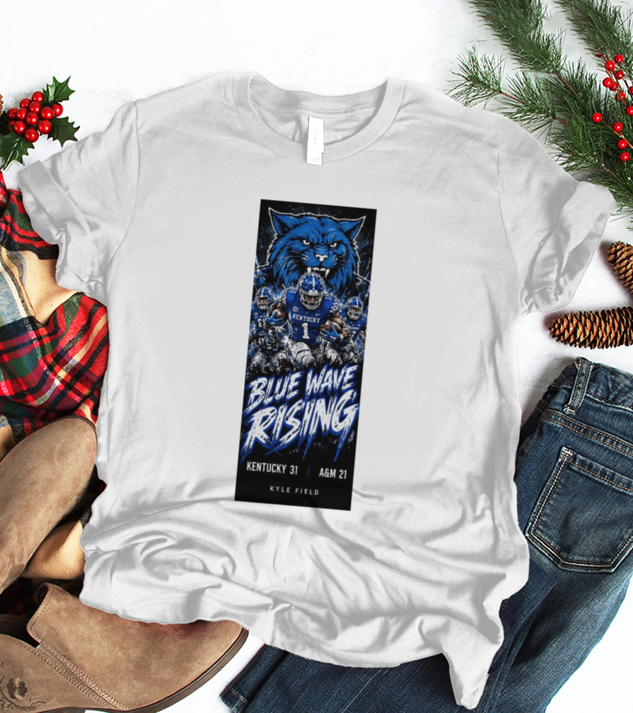 NCAA Kentucky Wildcats Blue Wave Rising 31 To 21 Victory At Texas AM Kyle Field T-Shirt