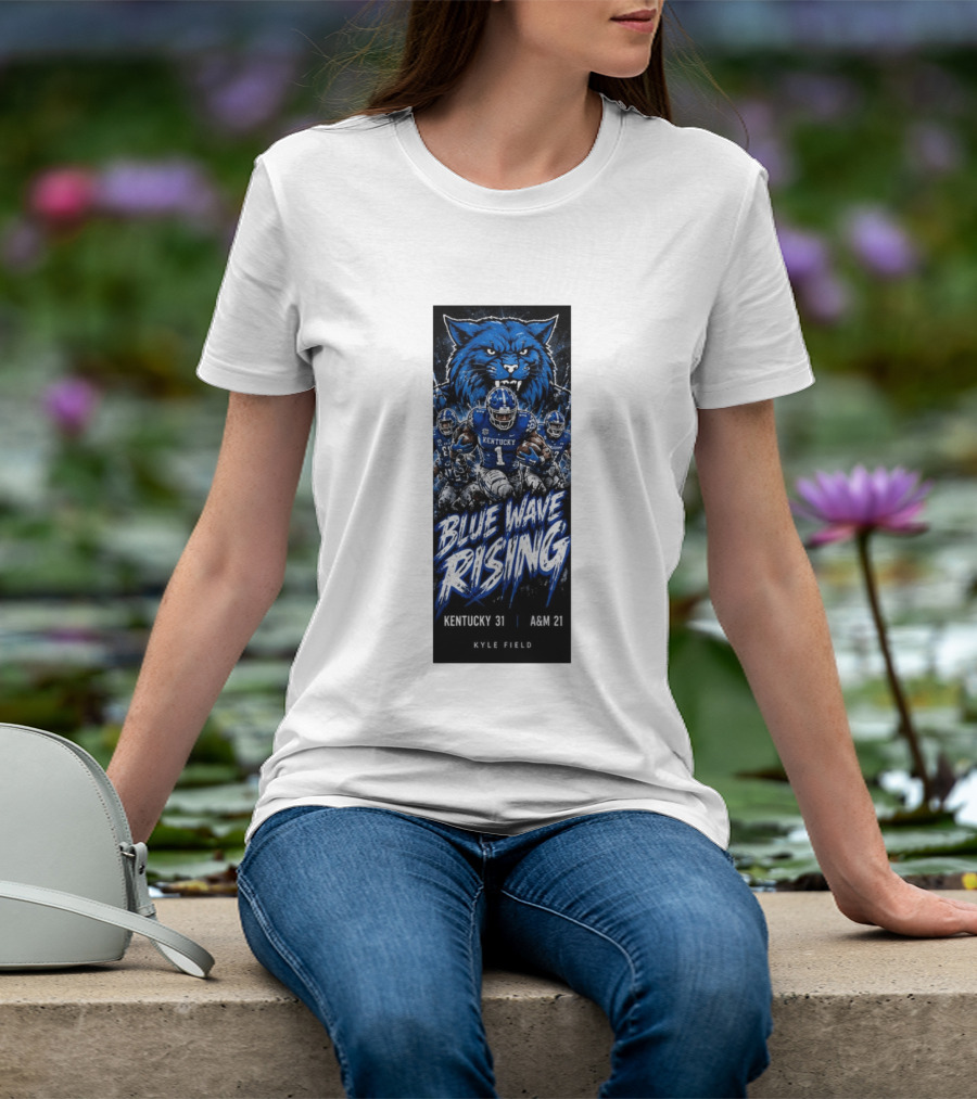 NCAA Kentucky Wildcats Blue Wave Rising 31 To 21 Victory At Texas AM Kyle Field T-Shirt